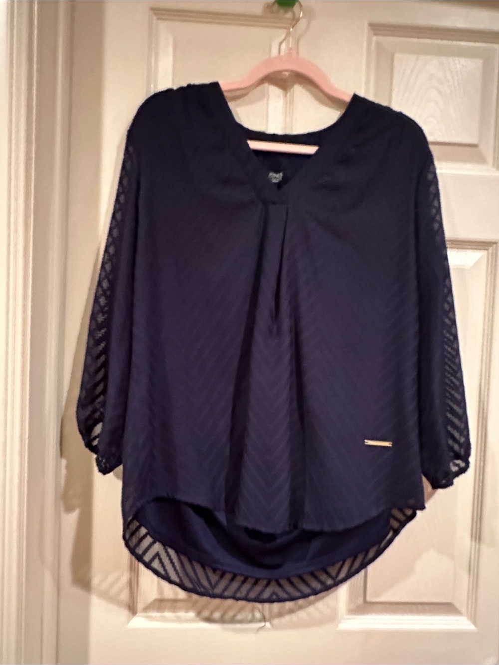 Jones New York Navy Sheer Chevron V-Neck Tunic